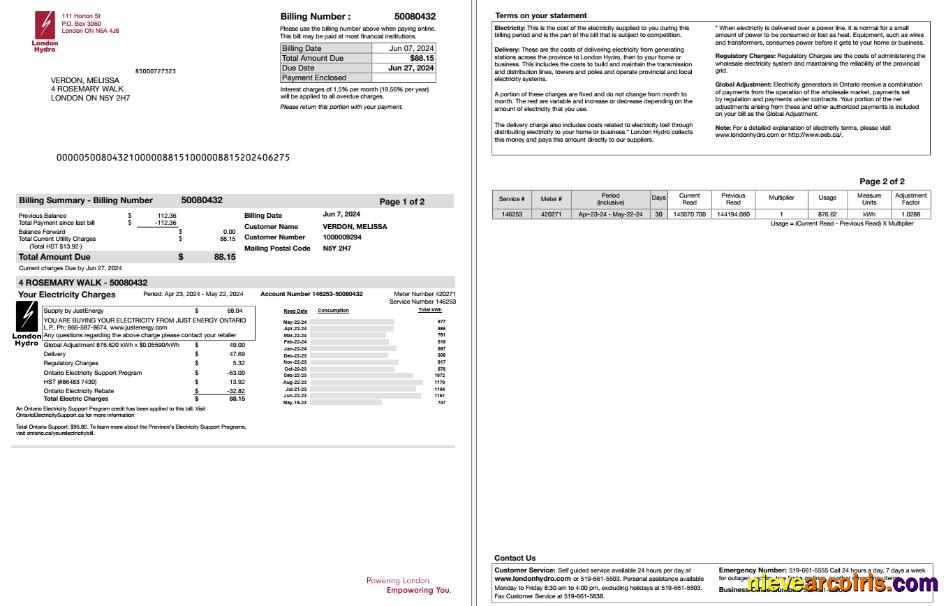 Canada Ontario London Hydro utility bill